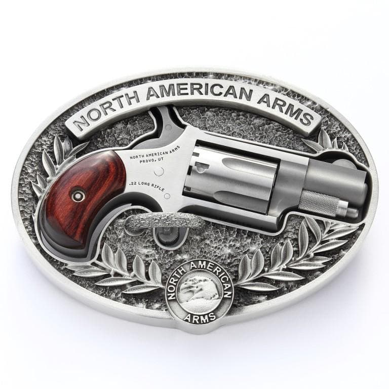 NAA 22LR Mini Revolver .22 LR 5RD Capacity 1.125" Barrel Silver with Wood Grips and Oval Enclosed Belt Buckle