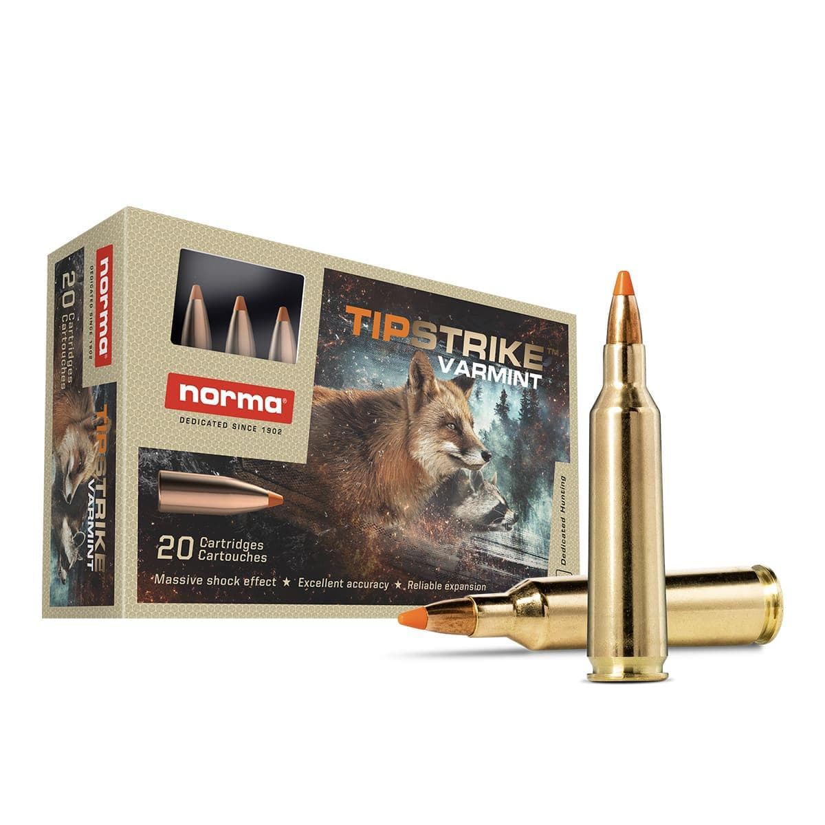 Norma Tipstrike Rifle Ammunition .22-250 Rem 55GR PT 3576 FPS 20/Ct