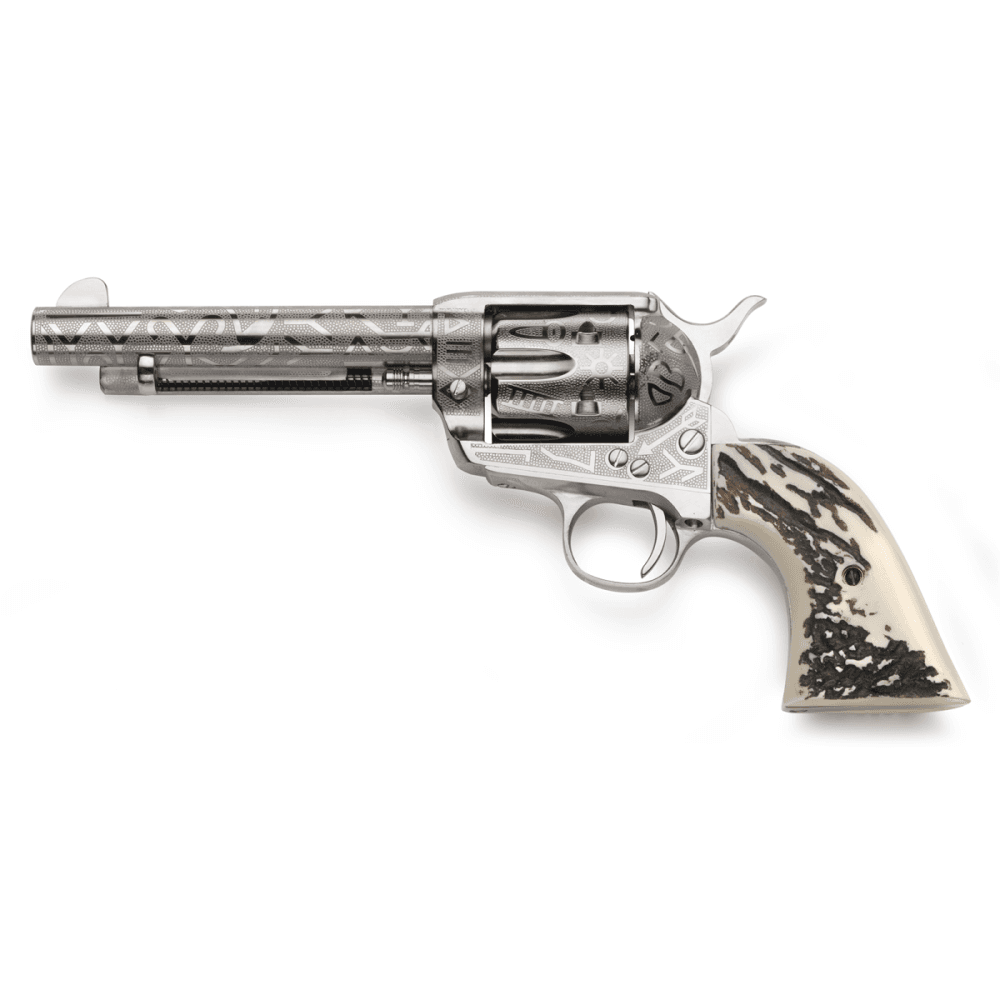 Taylors & Company 1873 Cattlebrand Engraved Stag Handgun .45 Colt 6RD Capacity 5.5" Barrel Engraved Silver with White