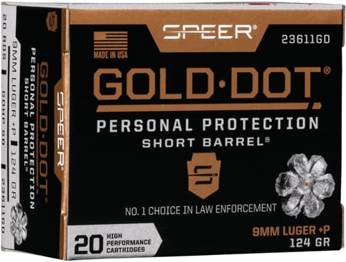 Speer Gold Dot Short Barrel Handgun Ammunition 9MM Luger (+P) 124 Gr HP 1150 FPS 20/Ct