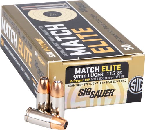 SIG Sauer Elite V-Crown Competition Handgun Ammunition 9MM Luger 115 Gr JPH 1000 FPS 50/Ct