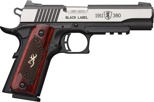 Browning 1911 380 Black Label Medallion Pro Handgun 380 ACP 8RD Magazine 3.625" Barrel Black with Silver Slide and Wood Grip Night Sights Accessory Rail